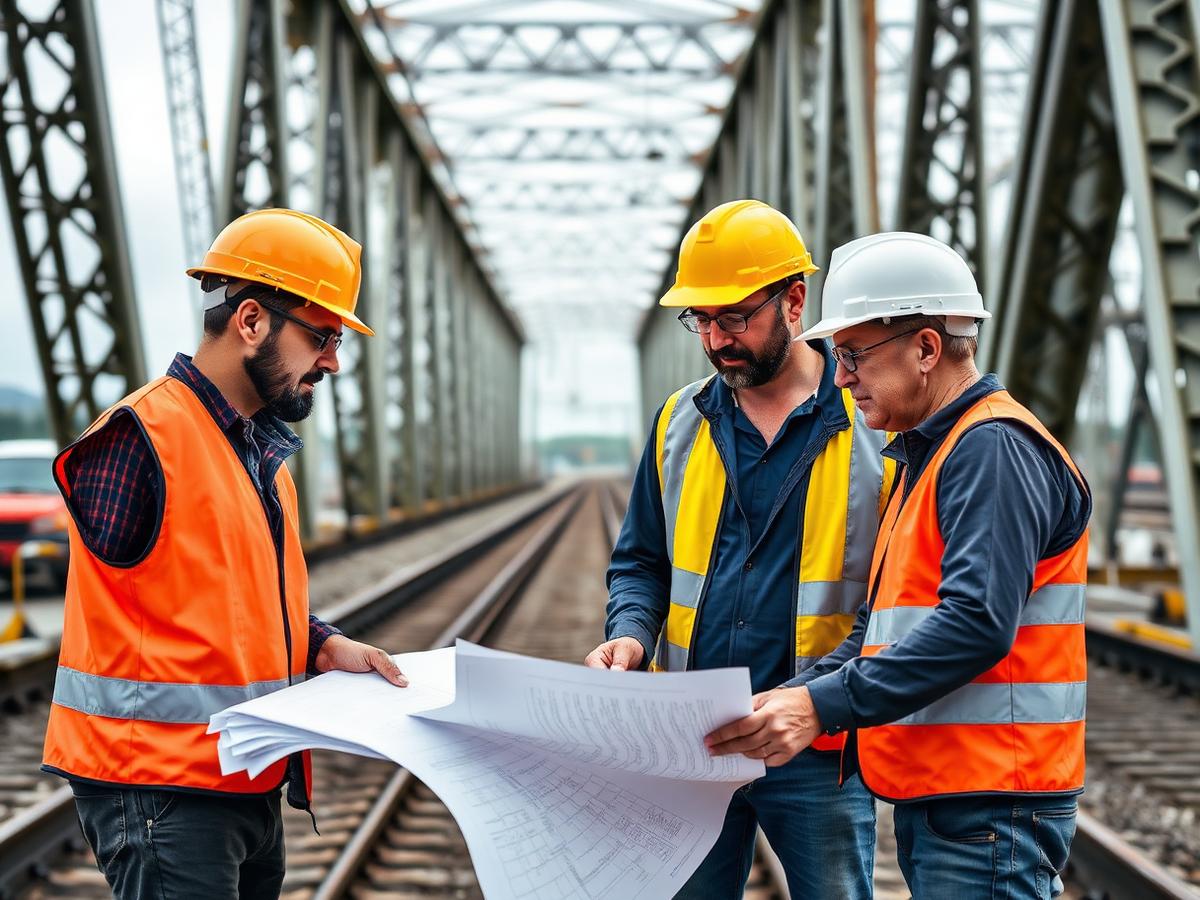 Engineering team reviewing bridge drawings on site
