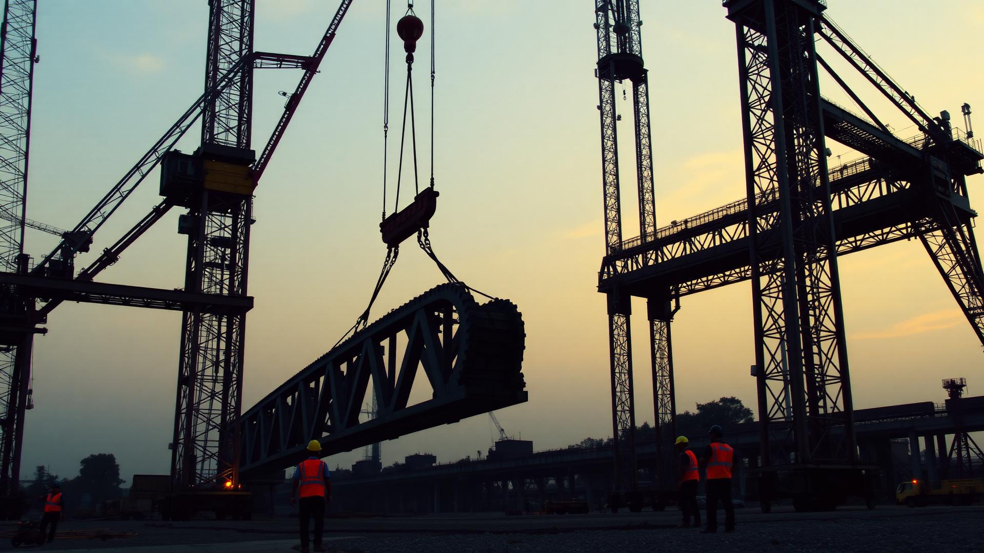 Bridge girder being lifted into position by heavy 500 metric ton cranes